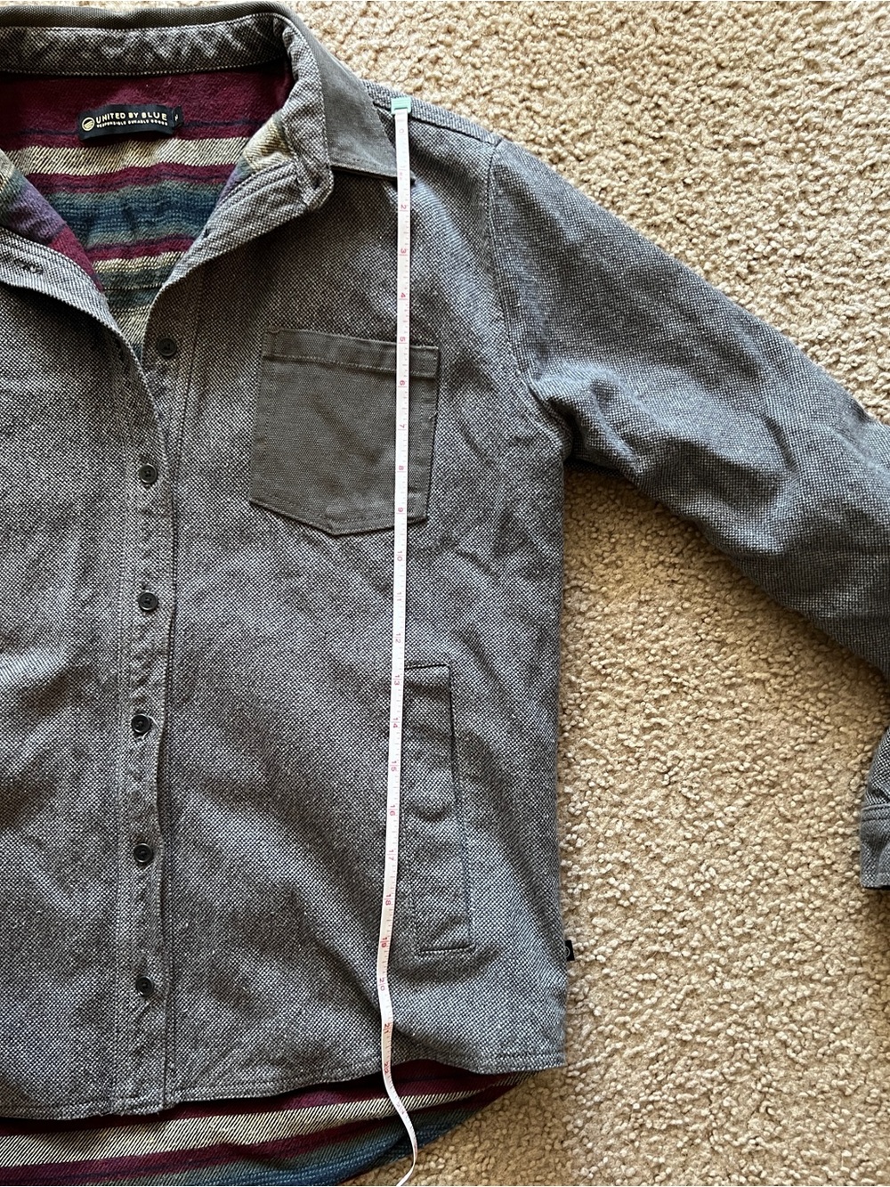 United By Blue Gray Herringbone Shirt Jacket with Striped Interior